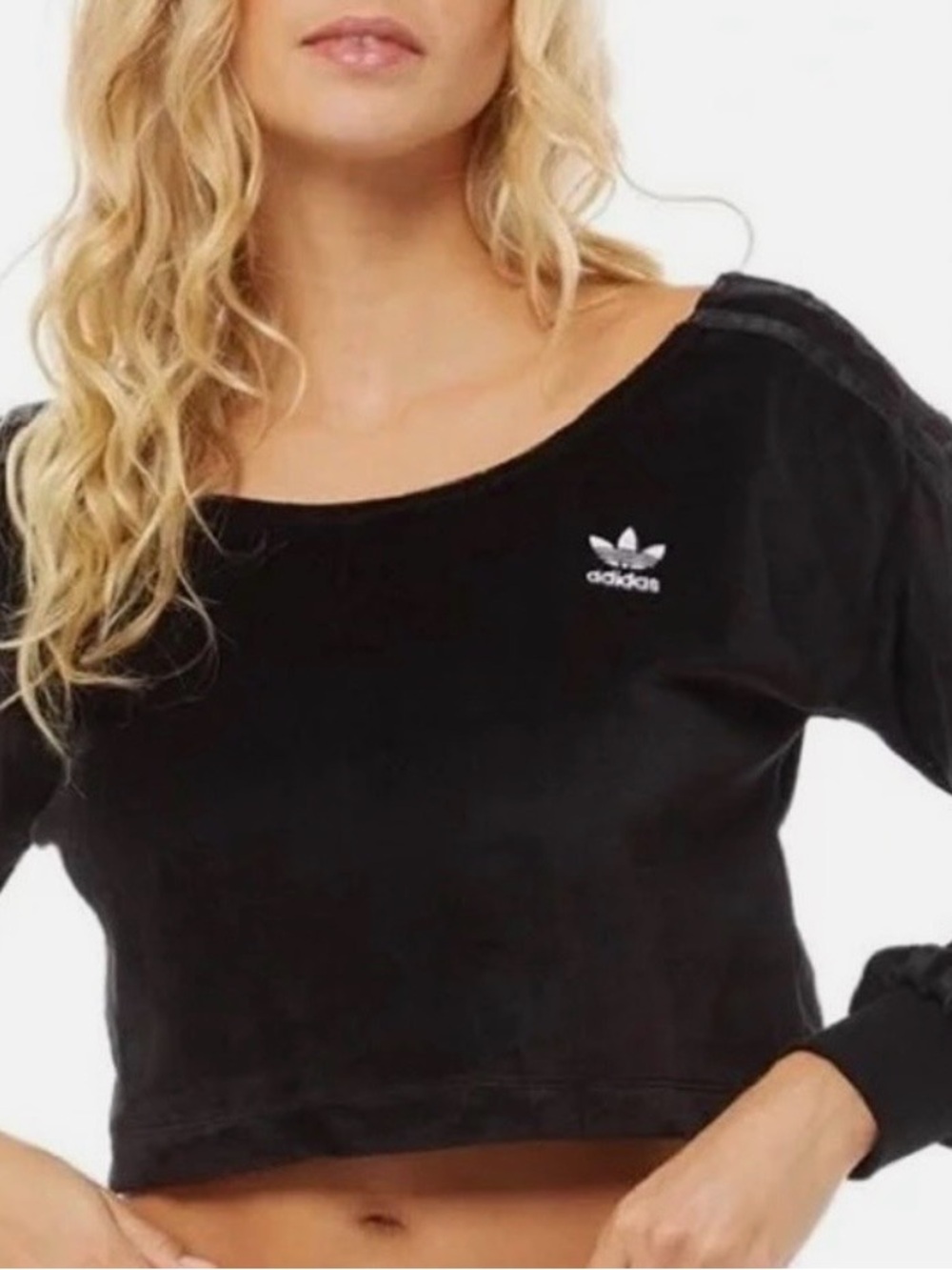 Adidas Originals Black Velour Off Shoulder Cropped Sweatshirt XL NWT - Picture 4 of 6